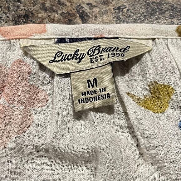 Lucky Brand Womens Top Tie Neck Button Floral Gauzy Beachy Watercolor Medium EE - Picture 3 of 9
